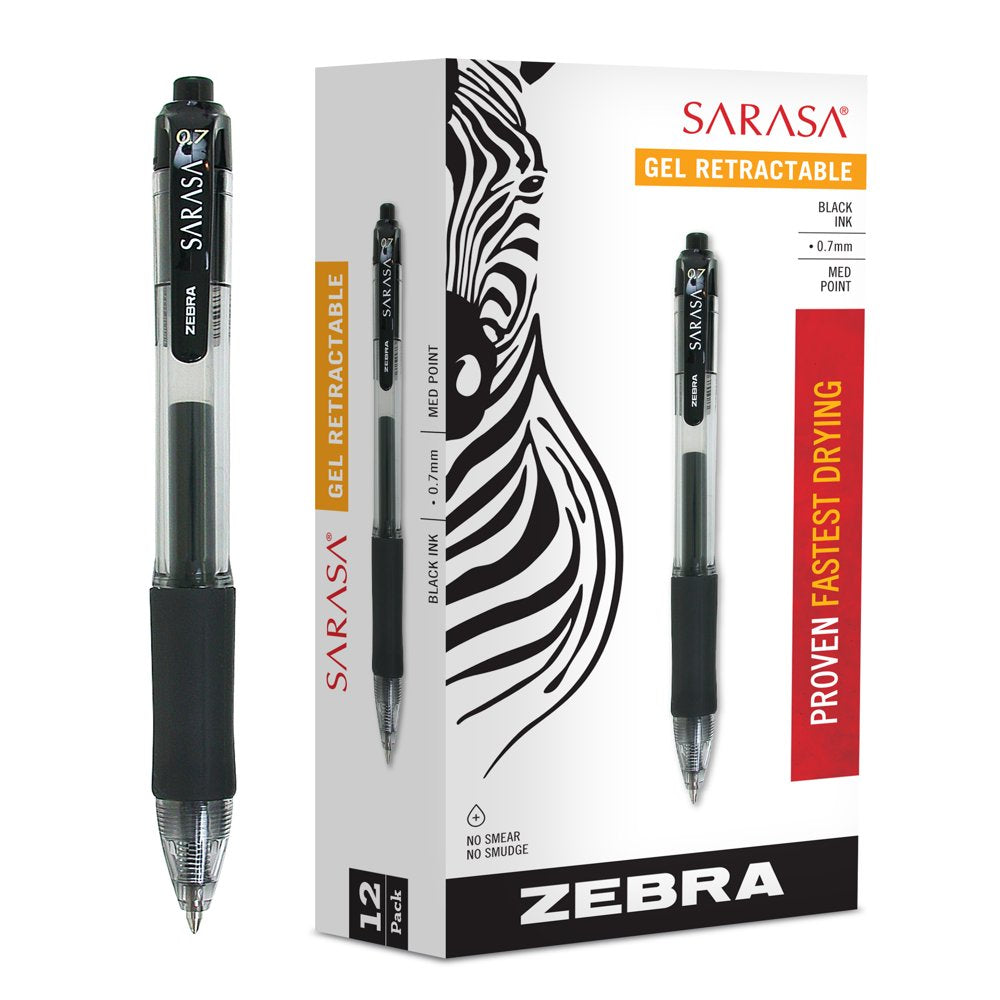 Sarasa Retractable Gel Ink Pens, Medium Point 0.7Mm, Black, Rapid Dry Ink, 12-Count