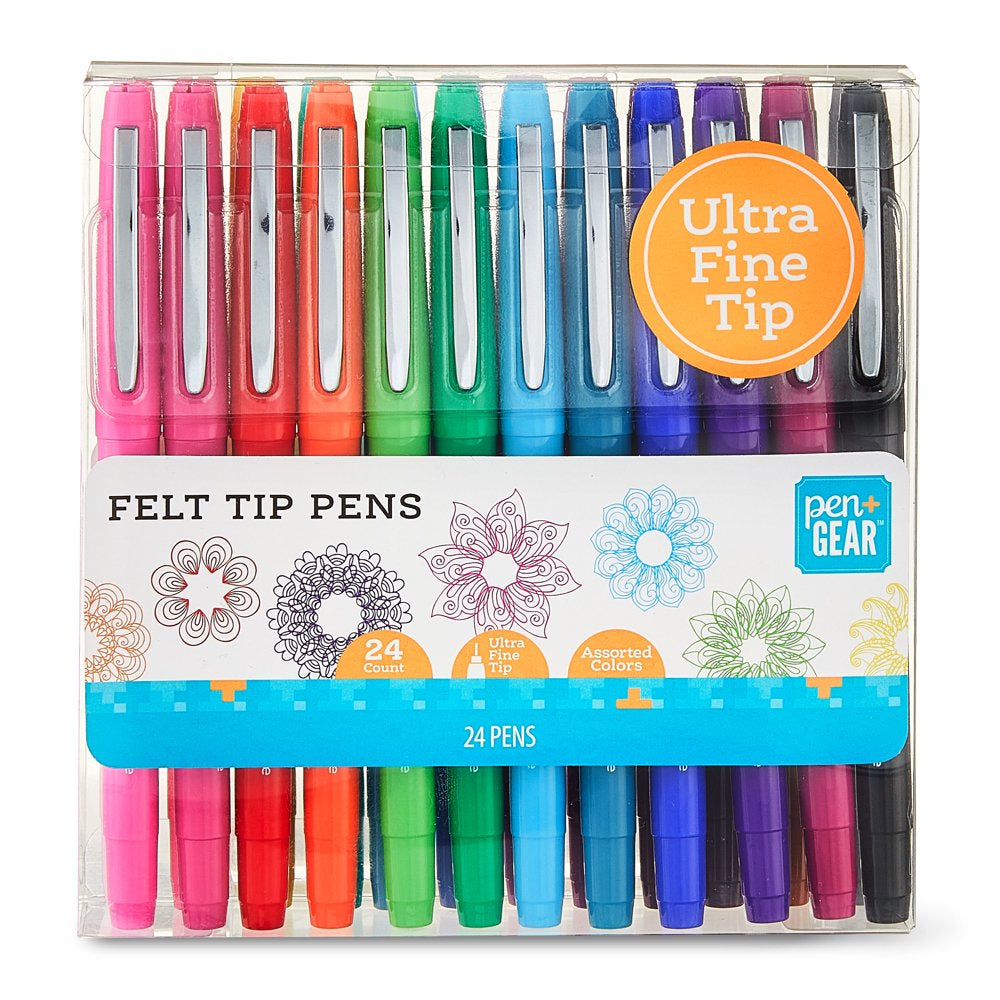 Felt-Tip Pens, Ultra Fine, Assorted Colors, 24 Count